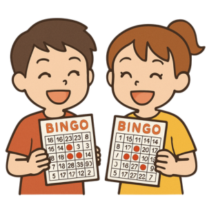 なぞなぞ小学生向け　ビンゴカードを手に持って笑顔で遊ぶ子どもたちのイラスト

