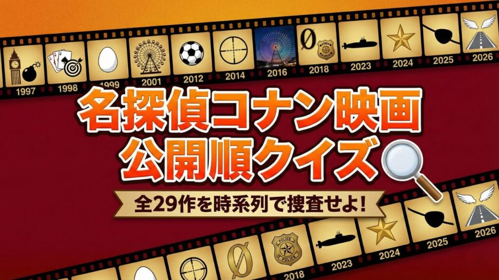 名探偵コナン映画の公開順・時系列クイズ全29問のアイキャッチ画像。1997年の第1作から2026年最新作までの歴史をフィルムリールと年表で表現したデザイン。