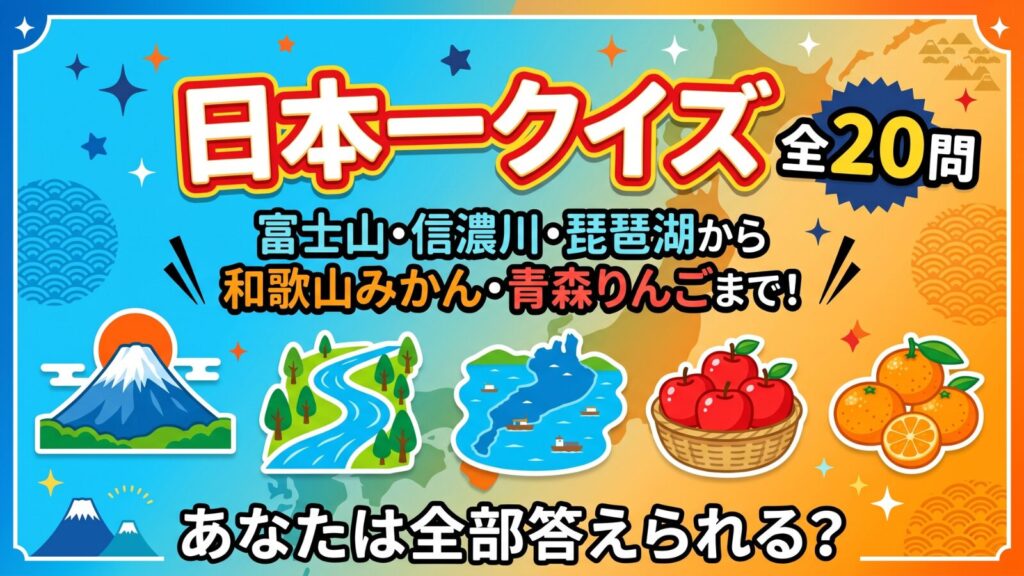 日本一クイズ20問 富士山 信濃川 琵琶湖 和歌山みかん 青森りんご 別府温泉 日本一高い山 日本一長い川