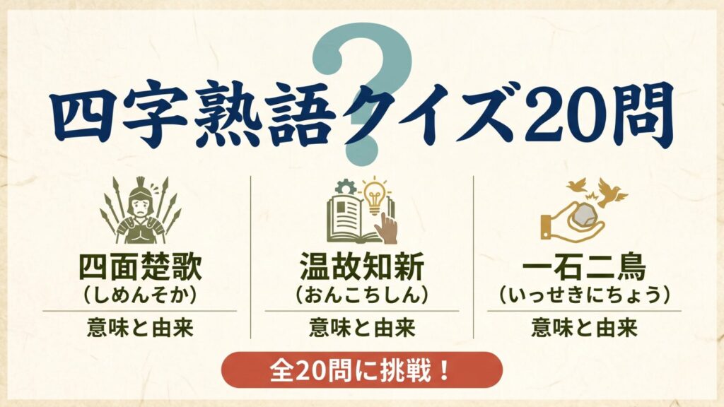 四字熟語クイズ20問 四面楚歌 温故知新 一石二鳥 一期一会 起死回生 絶体絶命 大人の教養 高齢者脳トレ